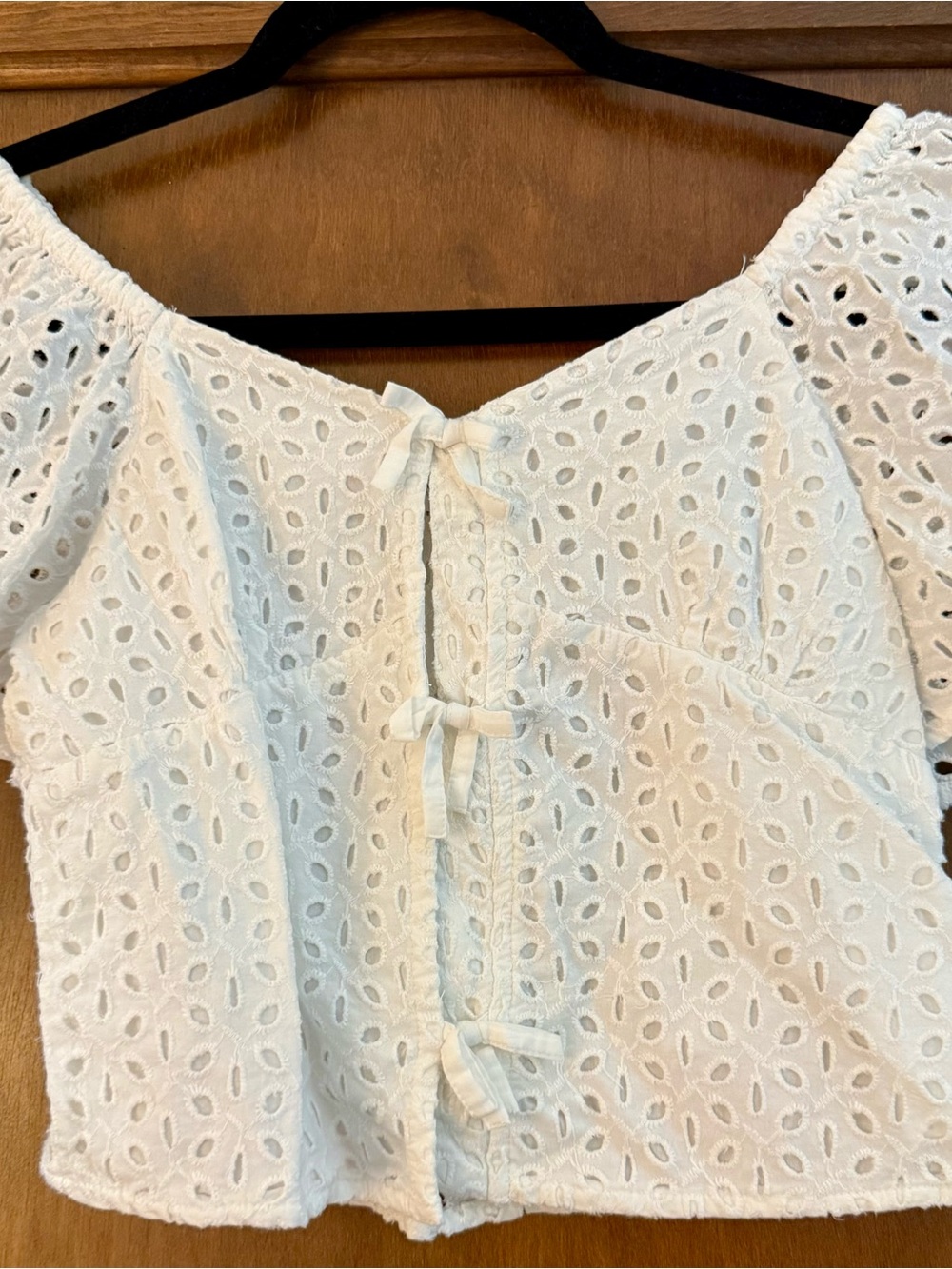 Zara White Eyelet Off-Shoulder Tie-Front Crop Top